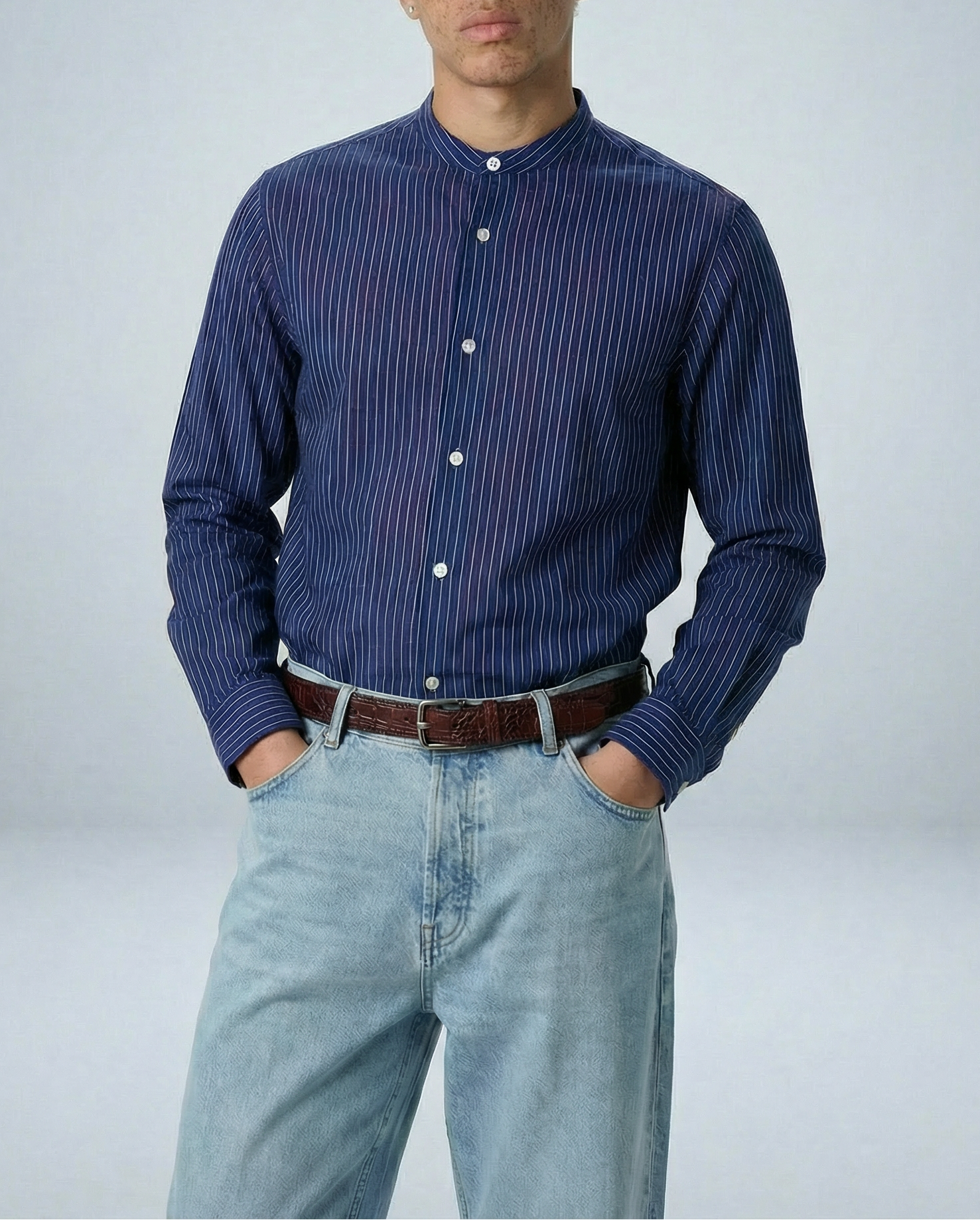 'Liam' Band Collar Blue / White Stripe Long Sleeve Shirt