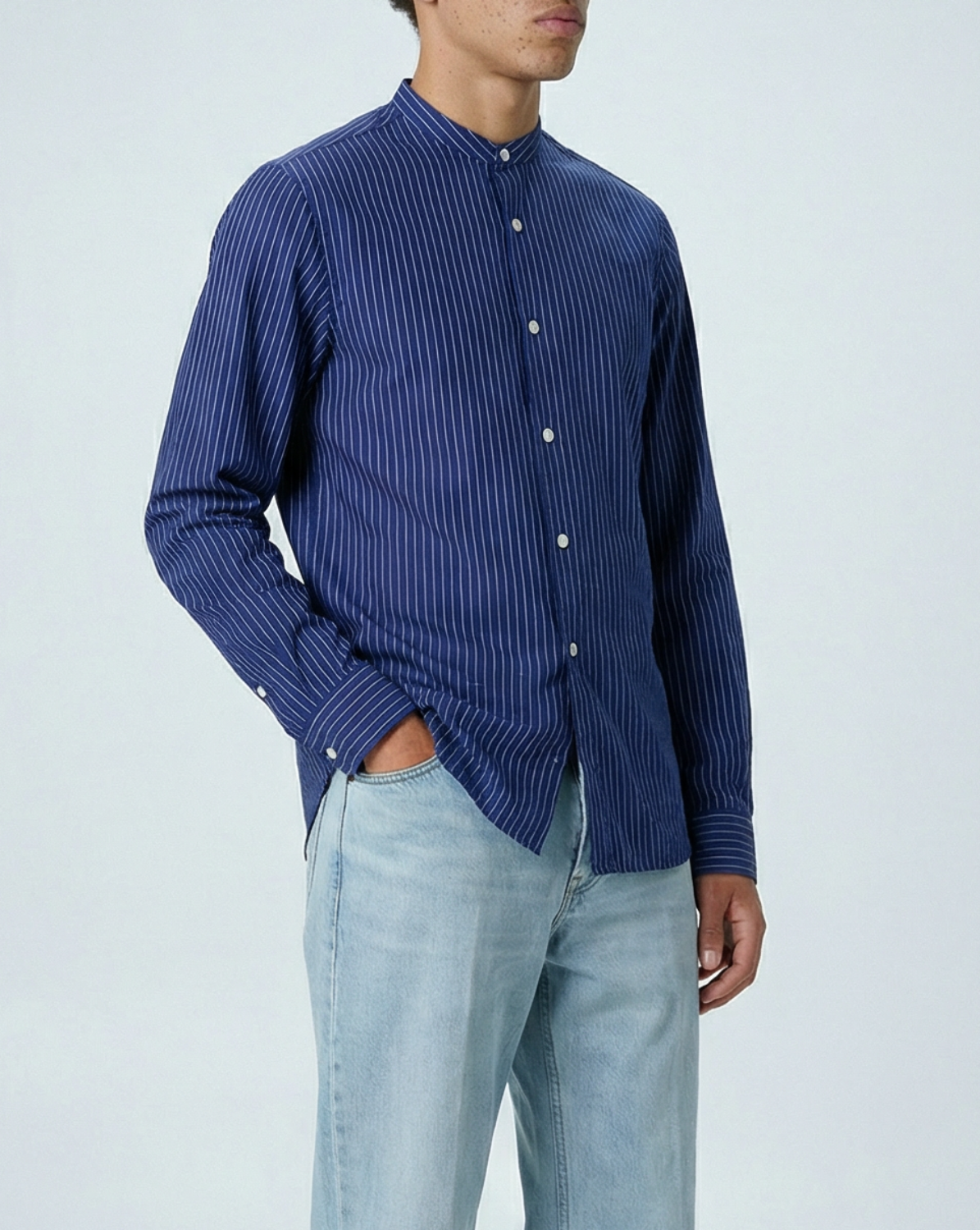 'Liam' Band Collar Blue and White Stripe Long Sleeve Shirt