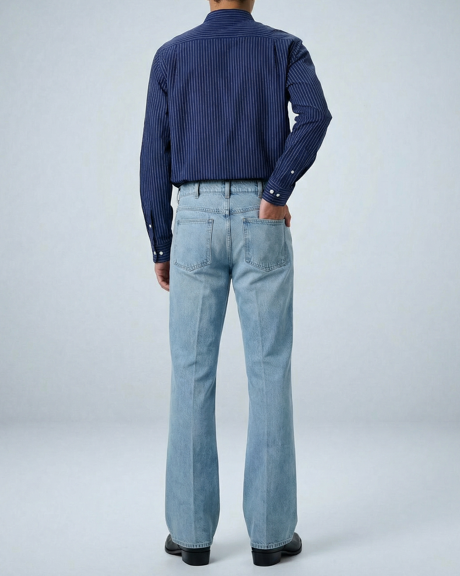 'Liam' Band Collar Blue / White Stripe Long Sleeve Shirt