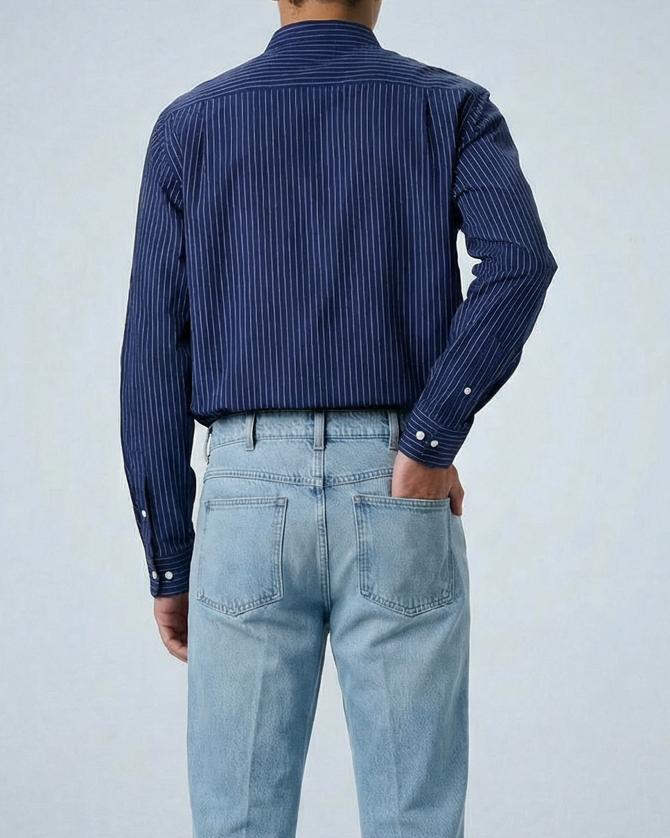 'Liam' Band Collar Blue and White Stripe Long Sleeve Shirt