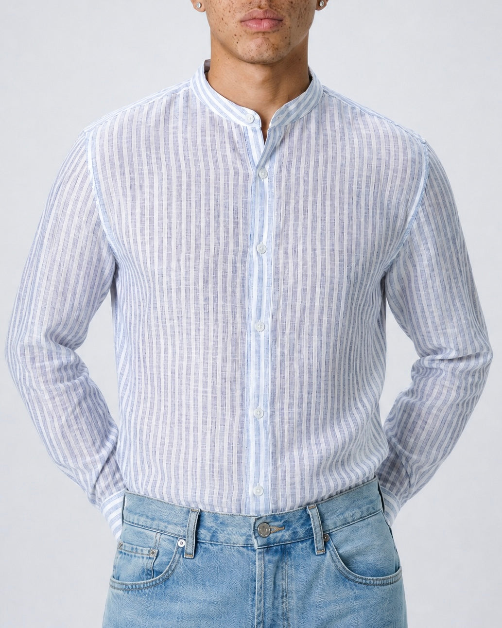 'Liam' Band Collar White and Blue Linen Stripe Long Sleeve Shirt