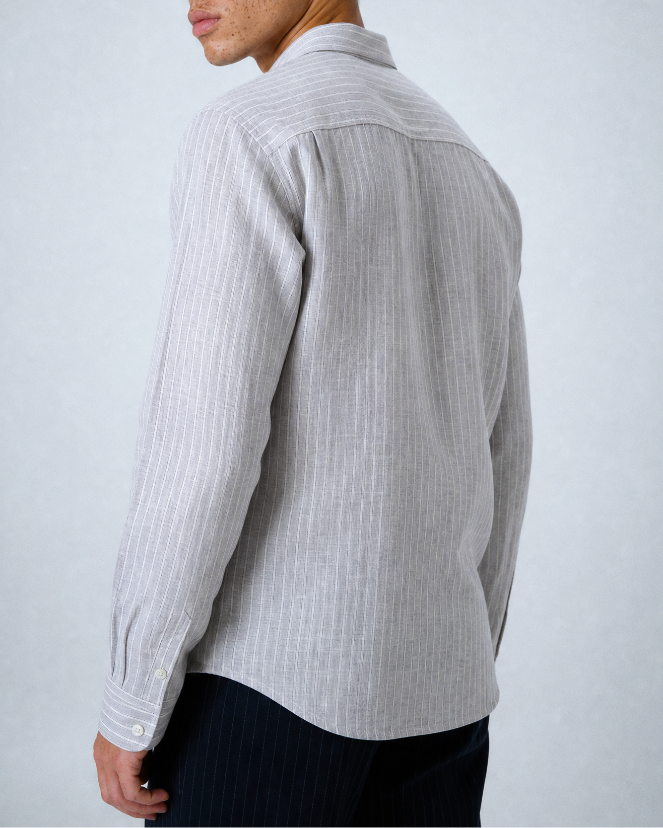 'Liam' Band Collar Light Grey and White Linen Stripe Long Sleeve Shirt