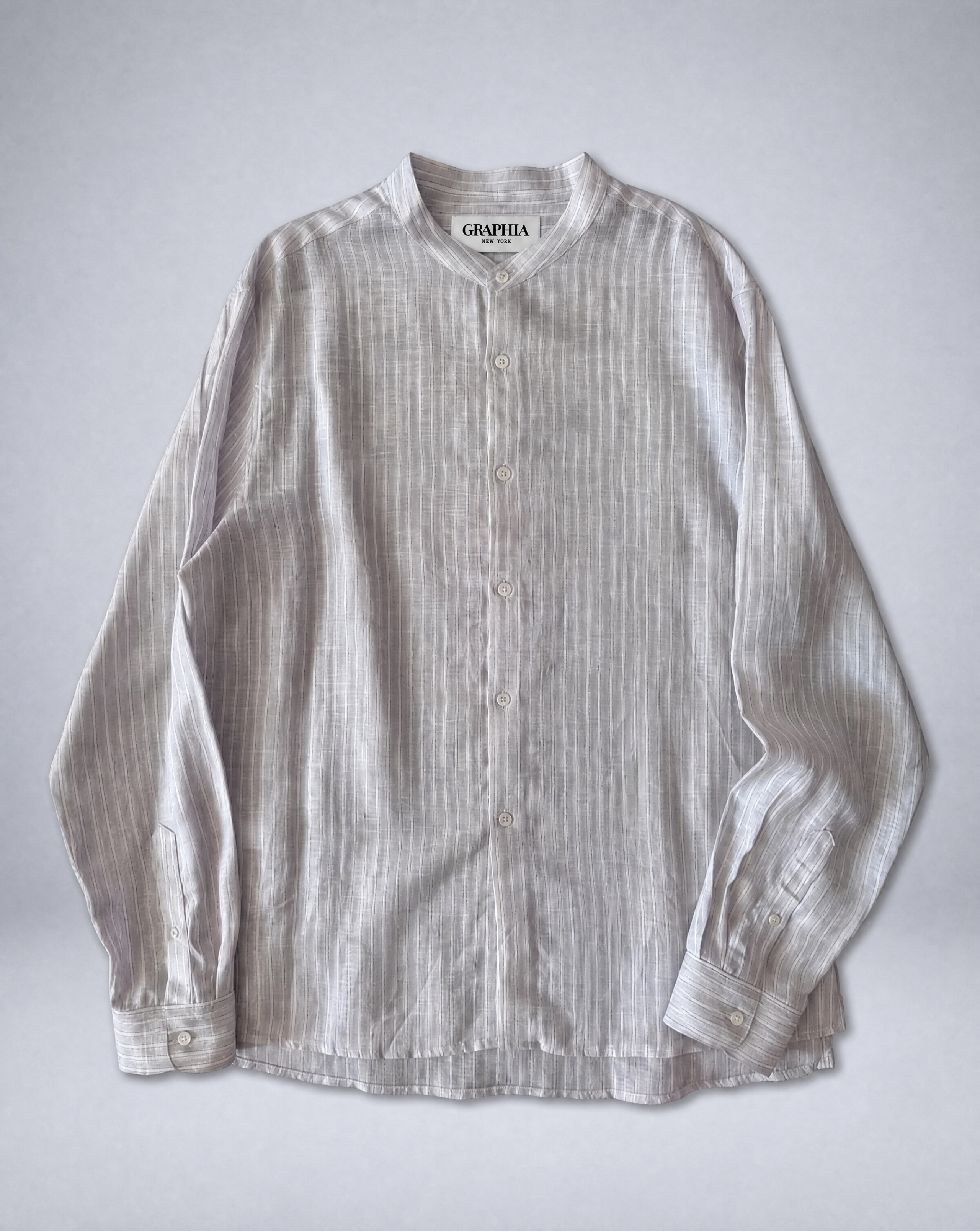 'Liam' Band Collar Light Grey and White Linen Stripe Long Sleeve Shirt