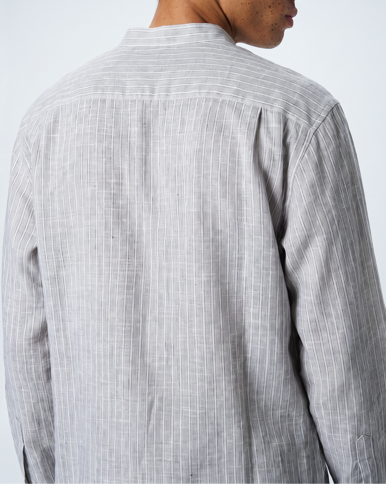 'Liam' Band Collar Light Grey and White Linen Stripe Long Sleeve Shirt