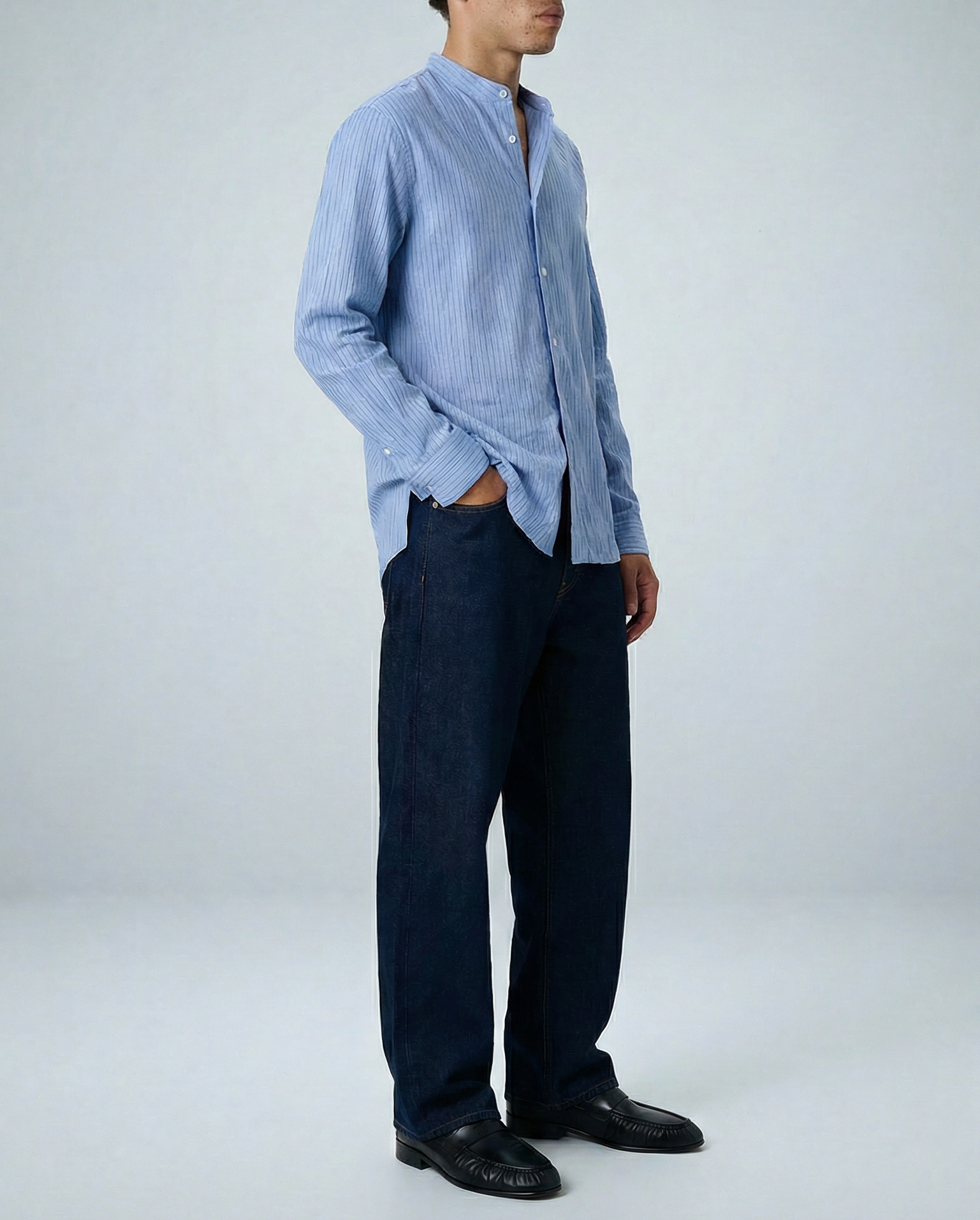 'Liam' Band Collar Light Blue / Blue Stripe Long Sleeve Shirt