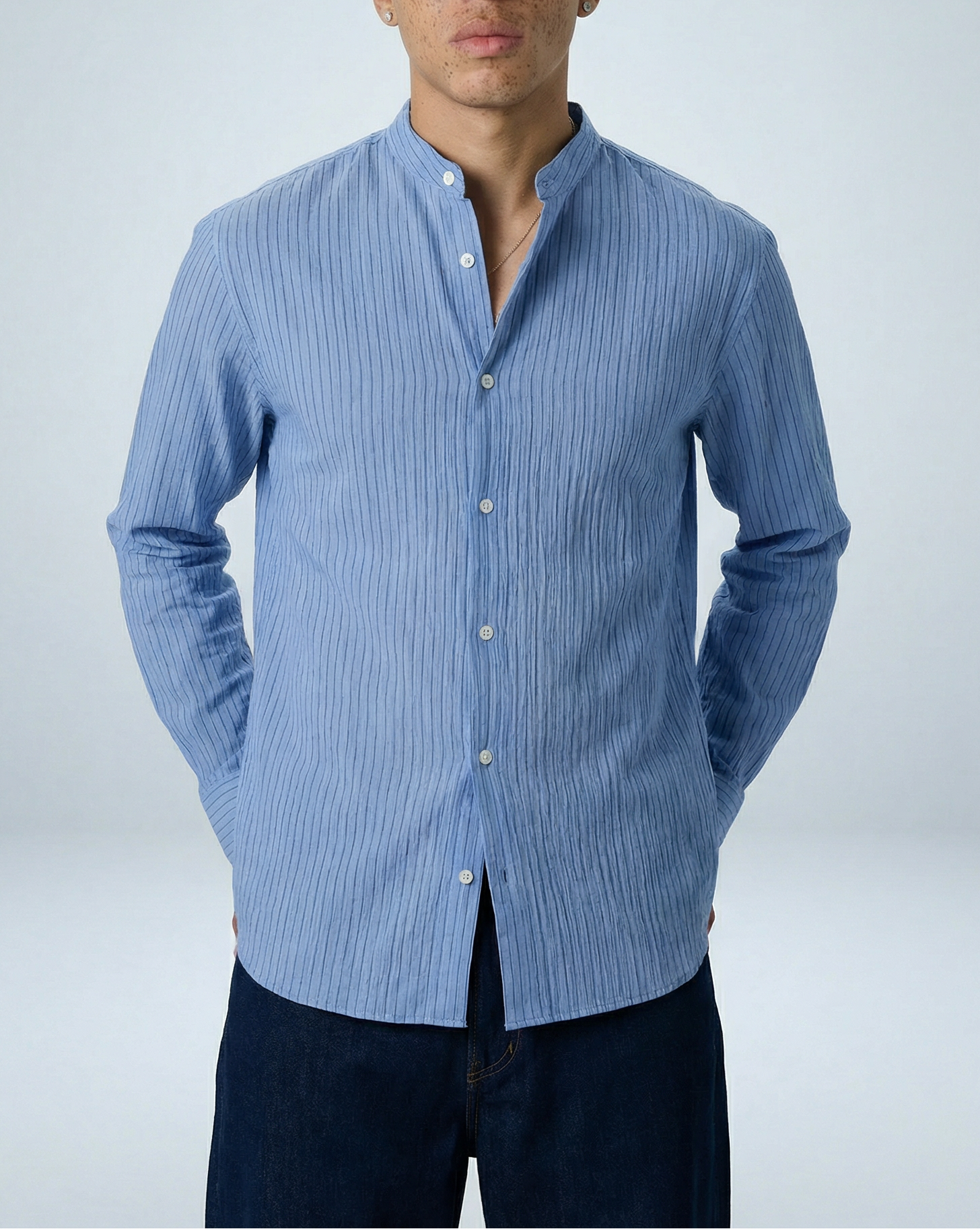 'Liam' Band Collar Light Blue / Blue Stripe Long Sleeve Shirt