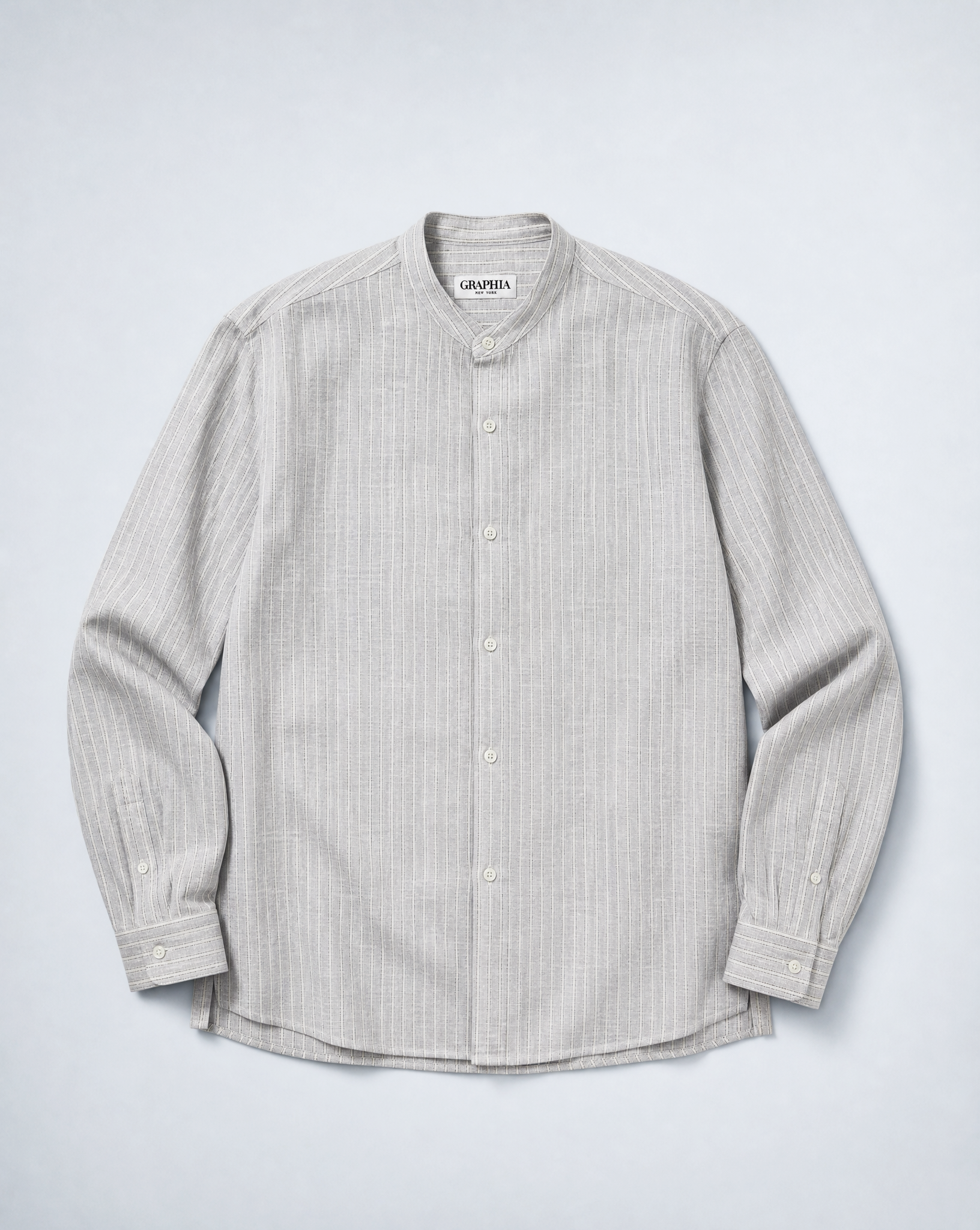 'Liam' Band Collar Light Grey and White Linen Stripe Long Sleeve Shirt