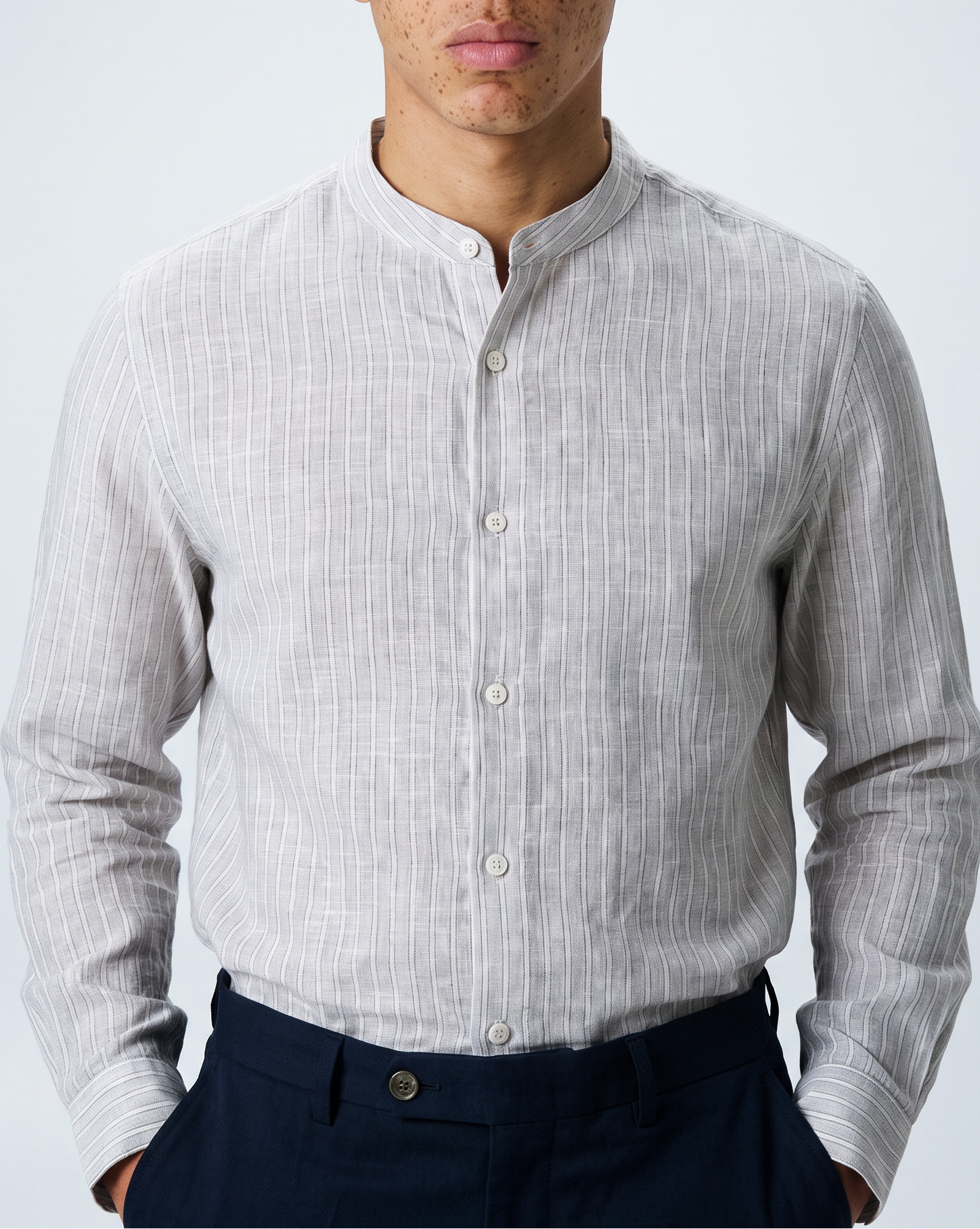 'Liam' Band Collar Light Grey and White Linen Stripe Long Sleeve Shirt