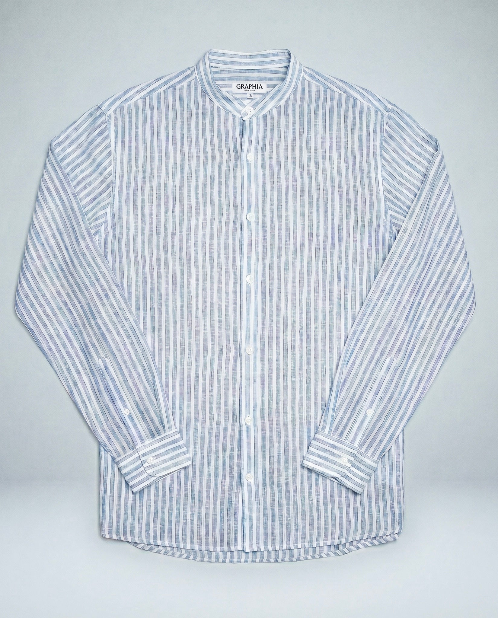'Liam' Band Collar White and Blue Linen Stripe Long Sleeve Shirt