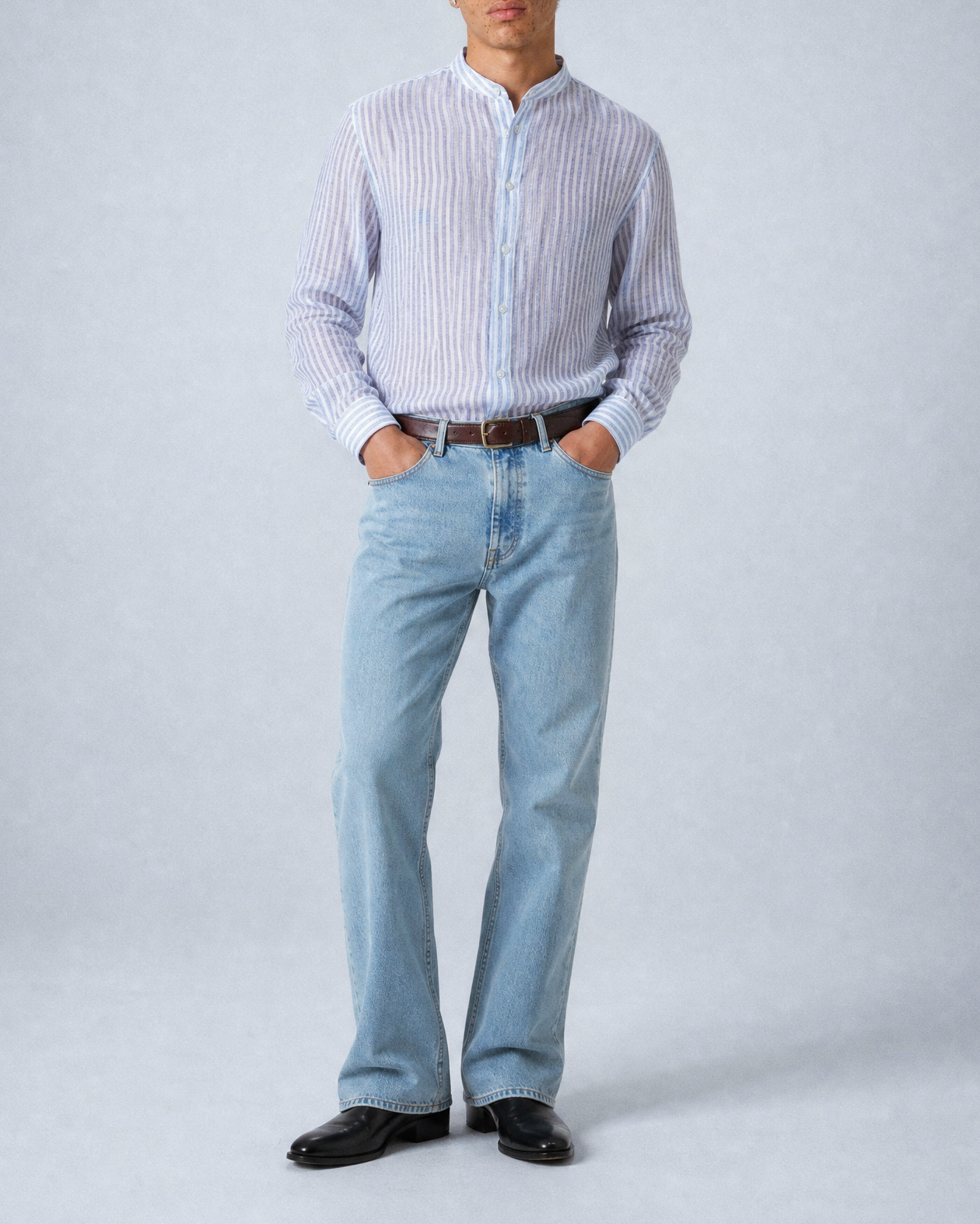 'Liam' Band Collar White and Blue Linen Stripe Long Sleeve Shirt