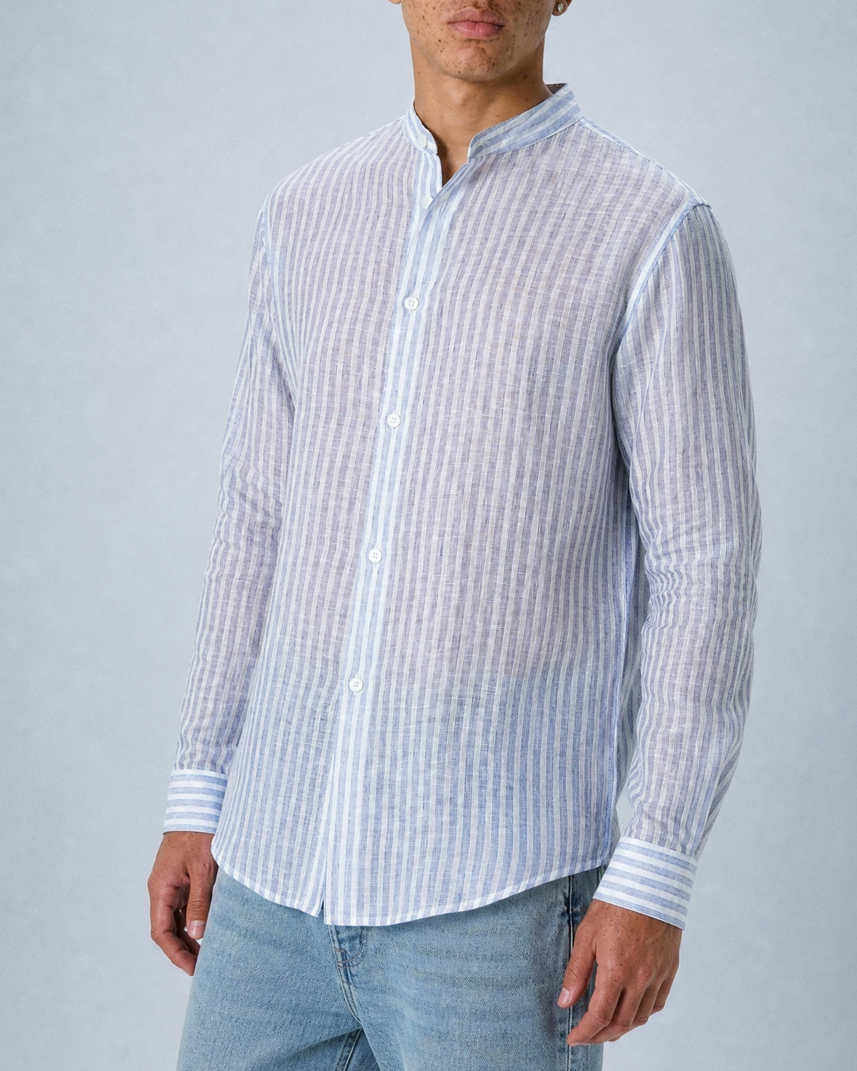 'Liam' Band Collar White and Blue Linen Stripe Long Sleeve Shirt