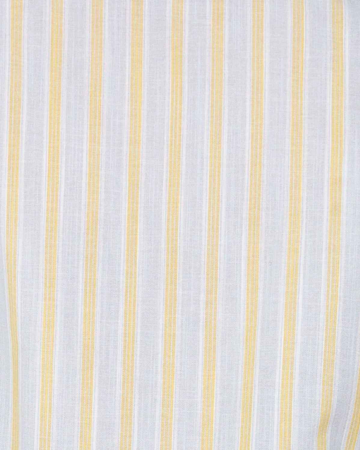 Liam cream and yellow striped long sleeve shirt with band collar and button cuffs, displayed on model in relaxed fit.