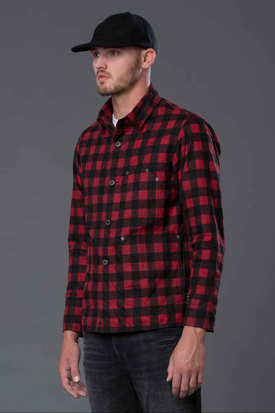 Red Plaid Waxed Cotton Chore Jacket