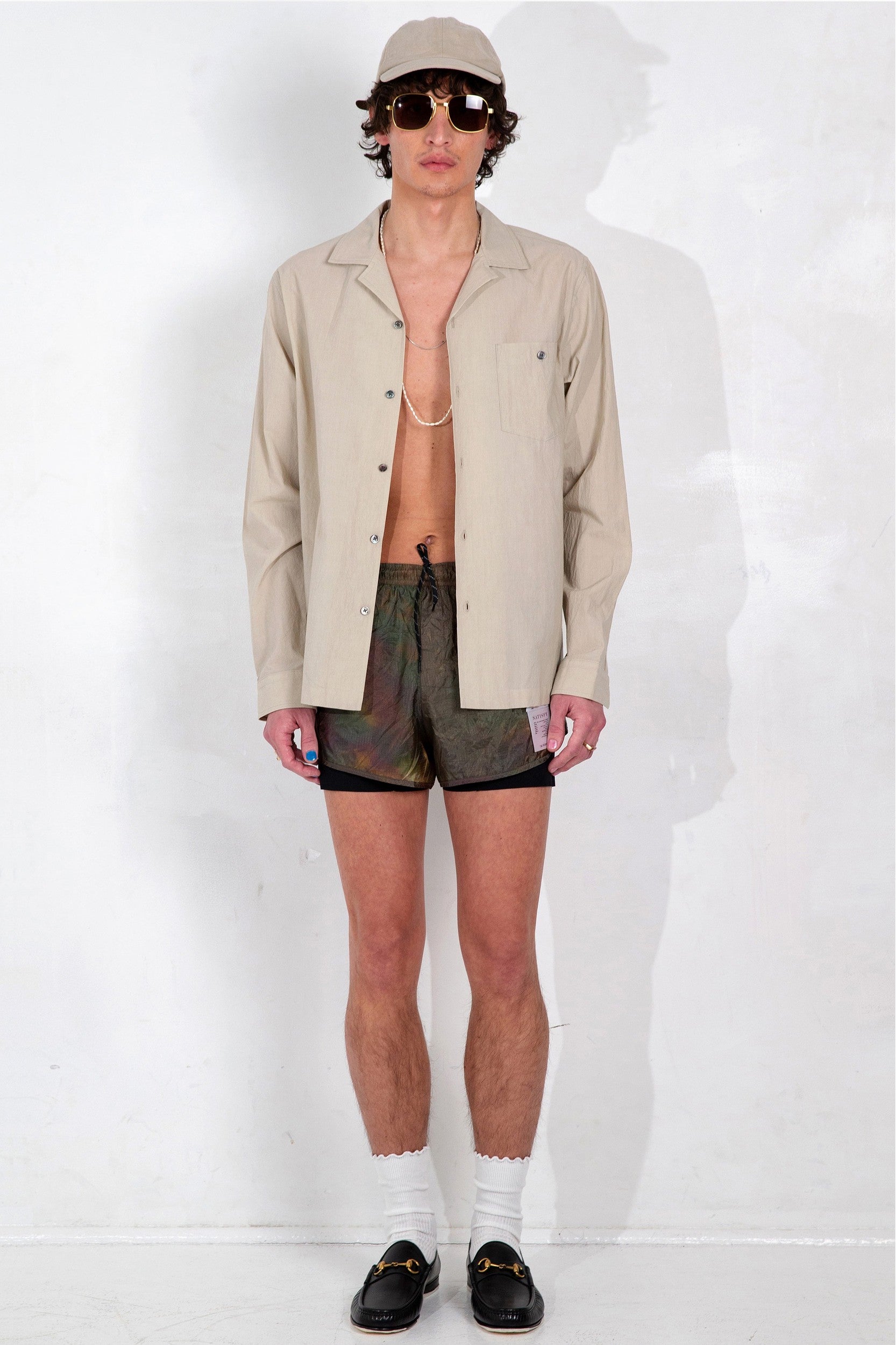 “Reinaldo” Convertible-Collar Shirt in Natural Khaki