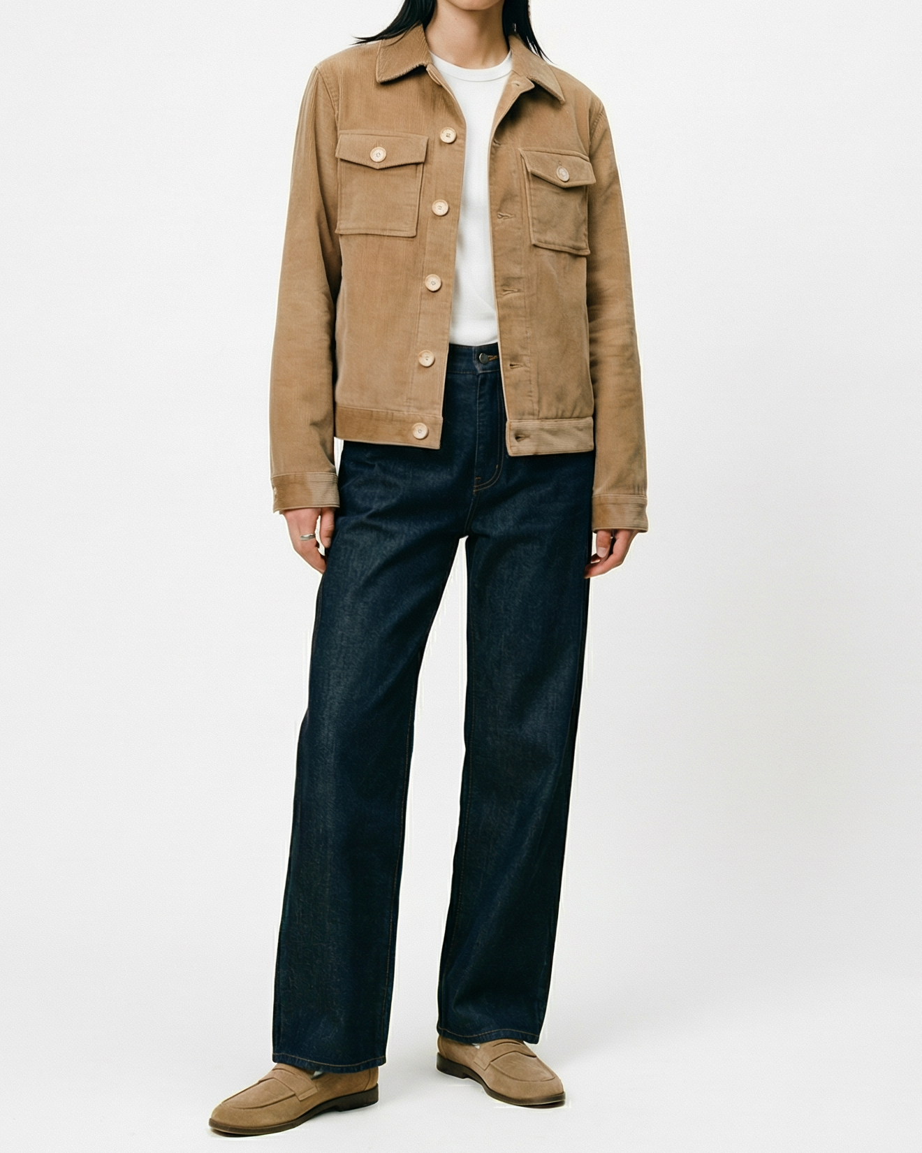 Dean Jacket in fawn brown 8-wale corduroy with relaxed boxy fit, shown on model in three-quarter view highlighting fabric texture and hip-length silhouette.