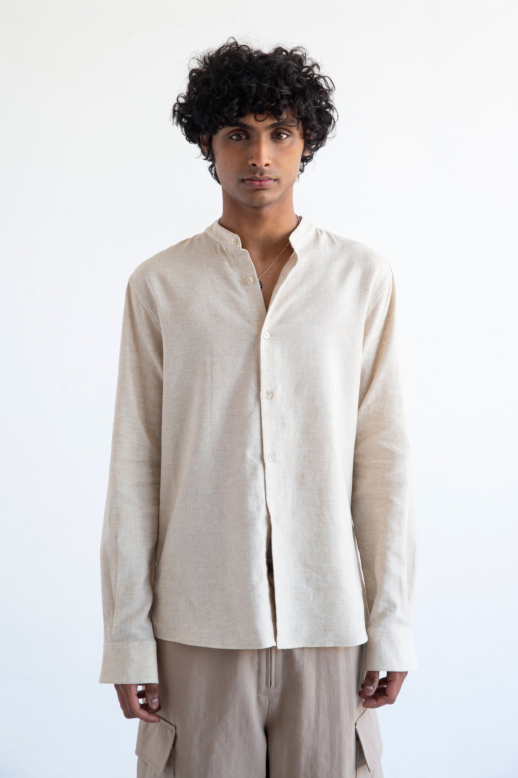 'Liam' Band Collar Vintage Cream Long Sleeve Shirt