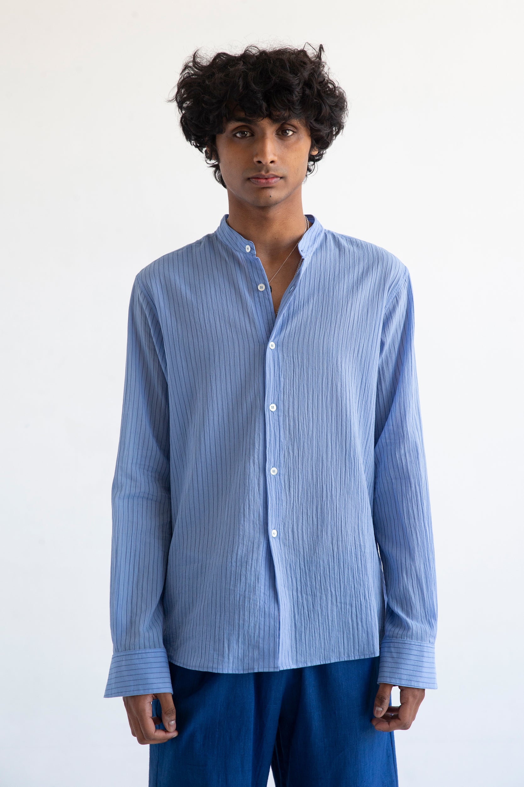 'Liam' Band Collar Light Blue / Blue Stripe Long Sleeve Shirt