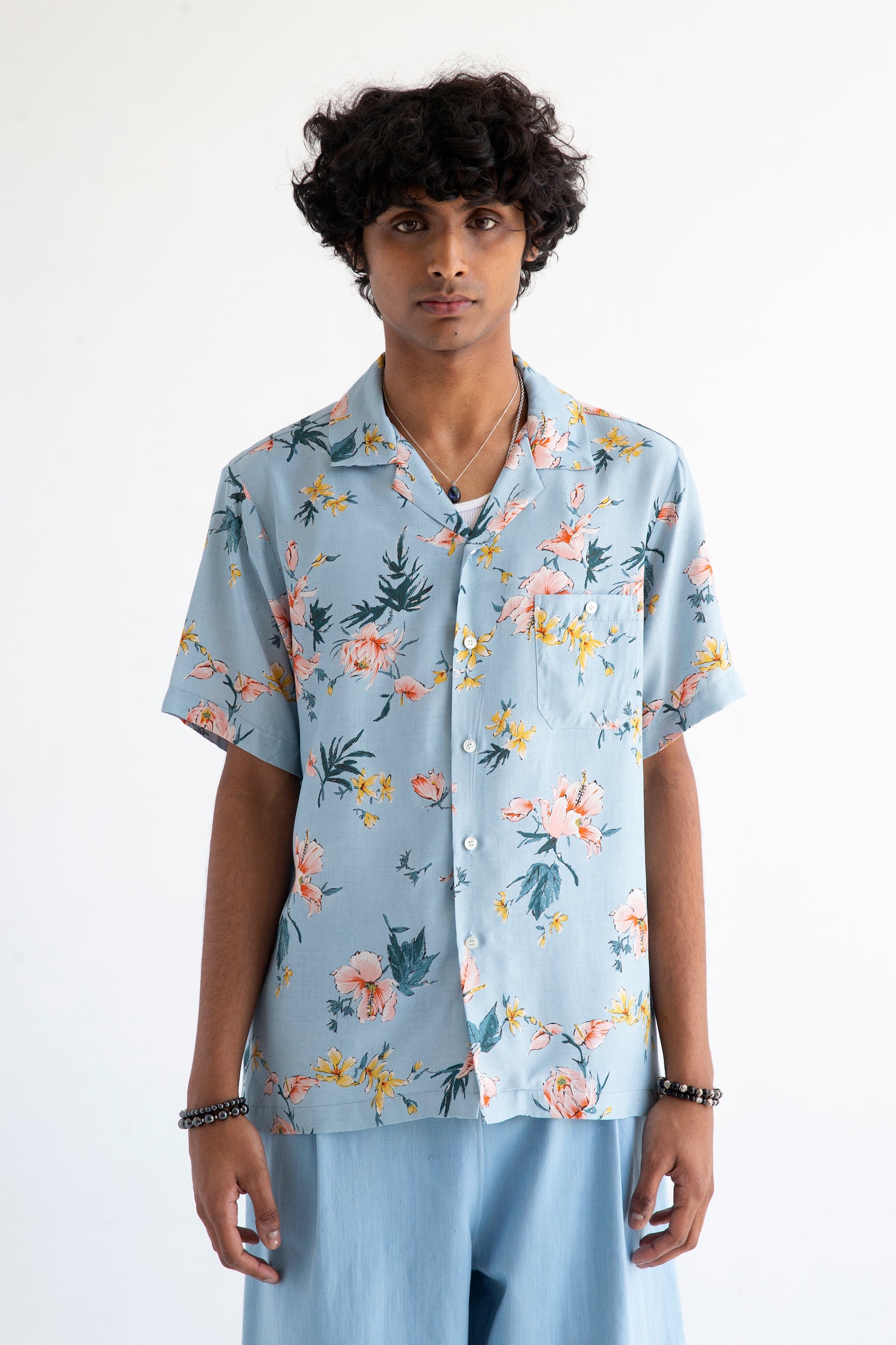 Light blue floral print collared shirt