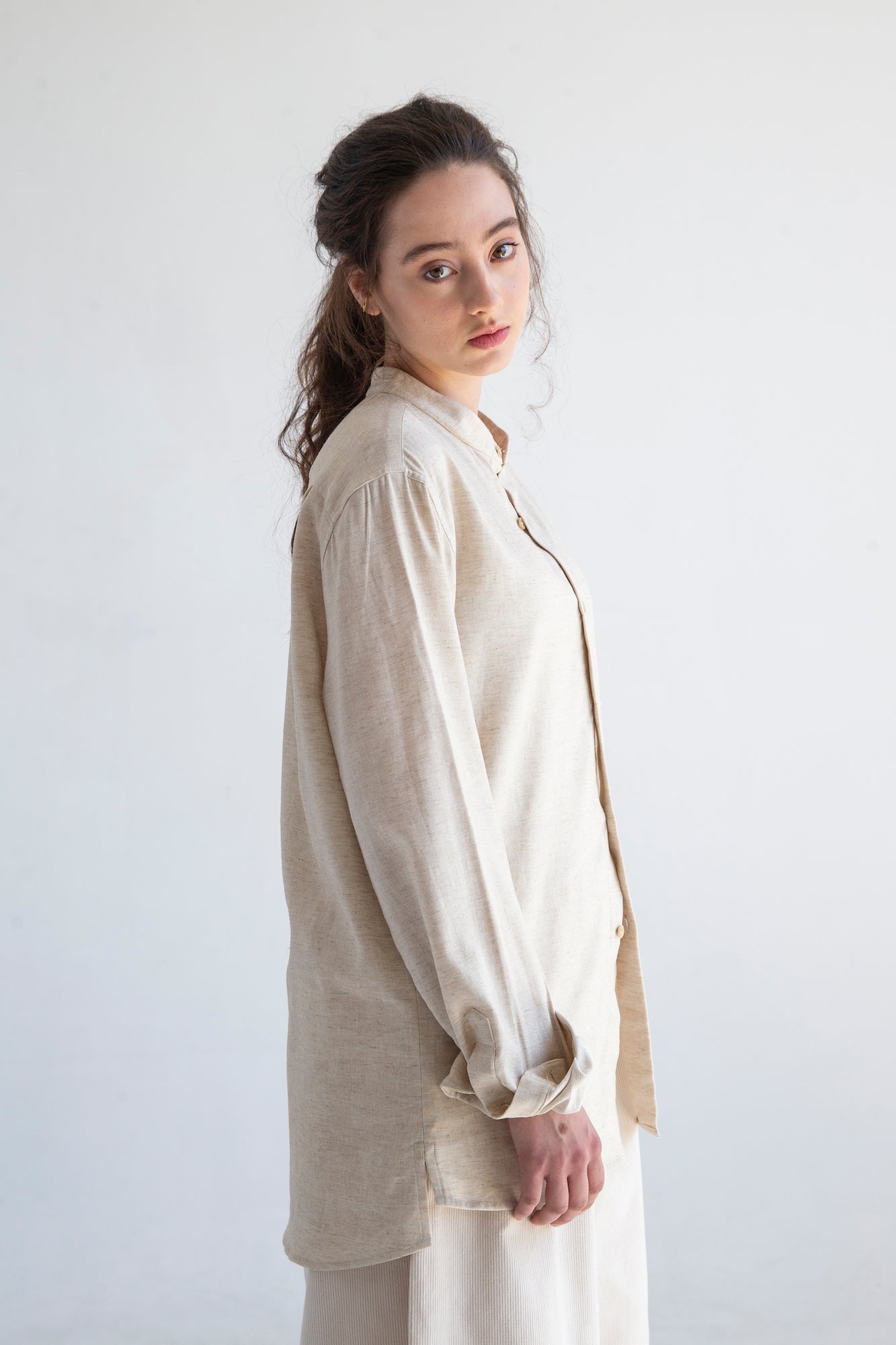 'Liam' Band Collar Vintage Cream Long Sleeve Shirt