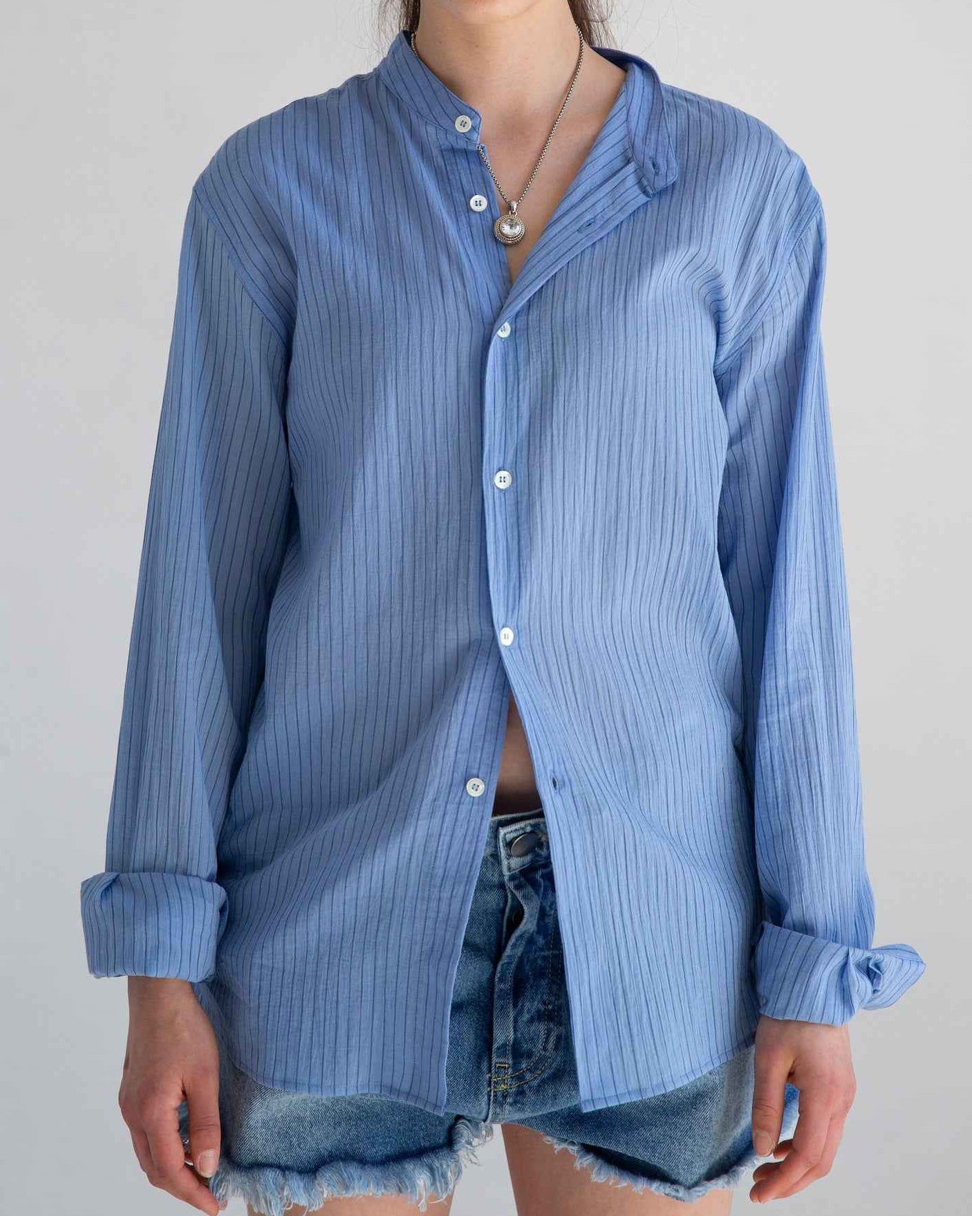 'Liam' Band Collar Light Blue / Blue Stripe Long Sleeve Shirt