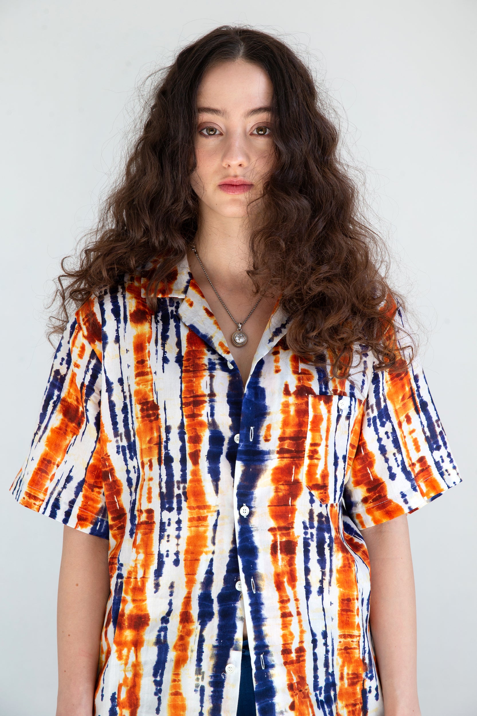 blue and orange watercolor batik camp collar shirt