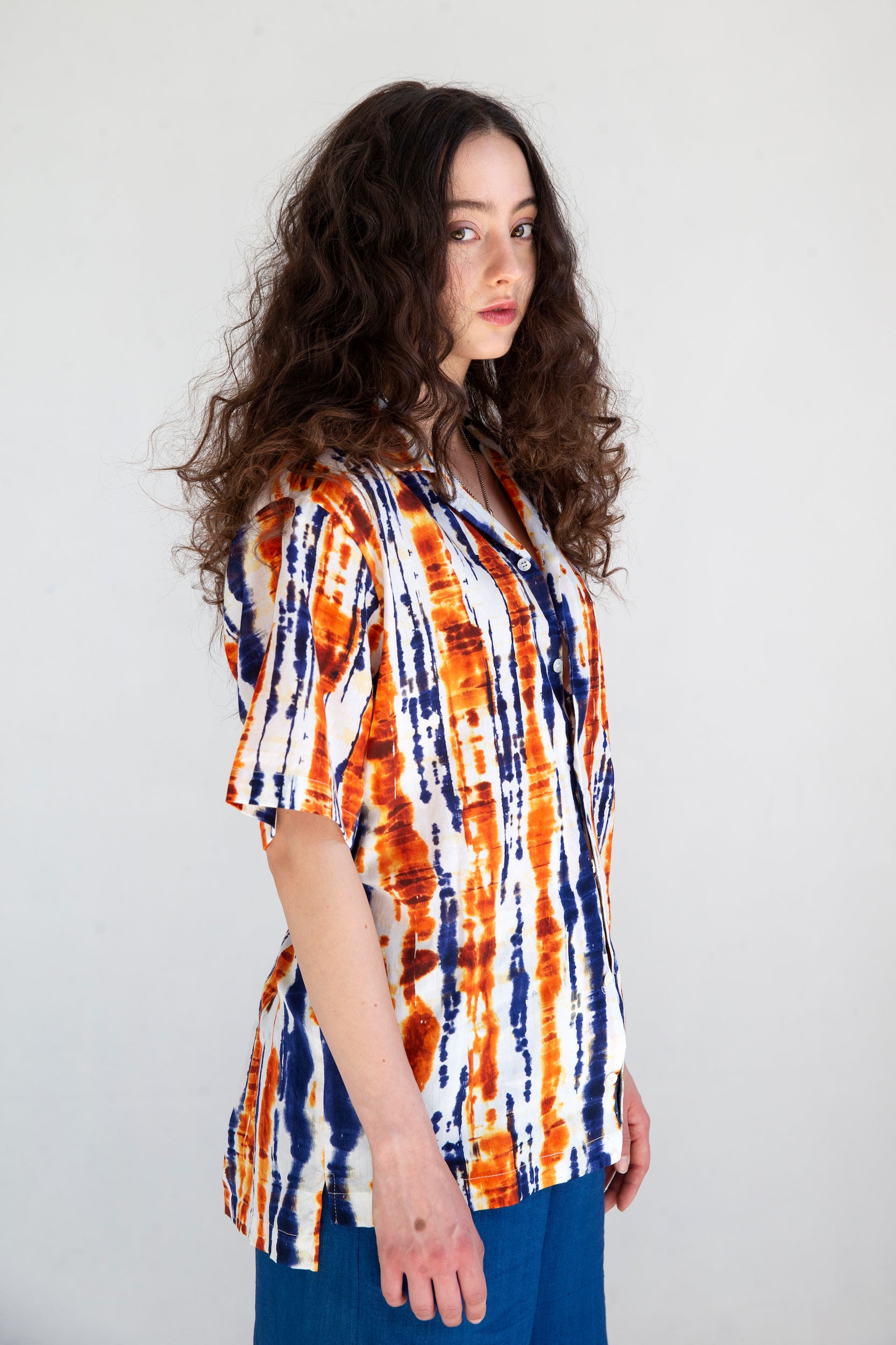 orange and blue batik collared womens shirt