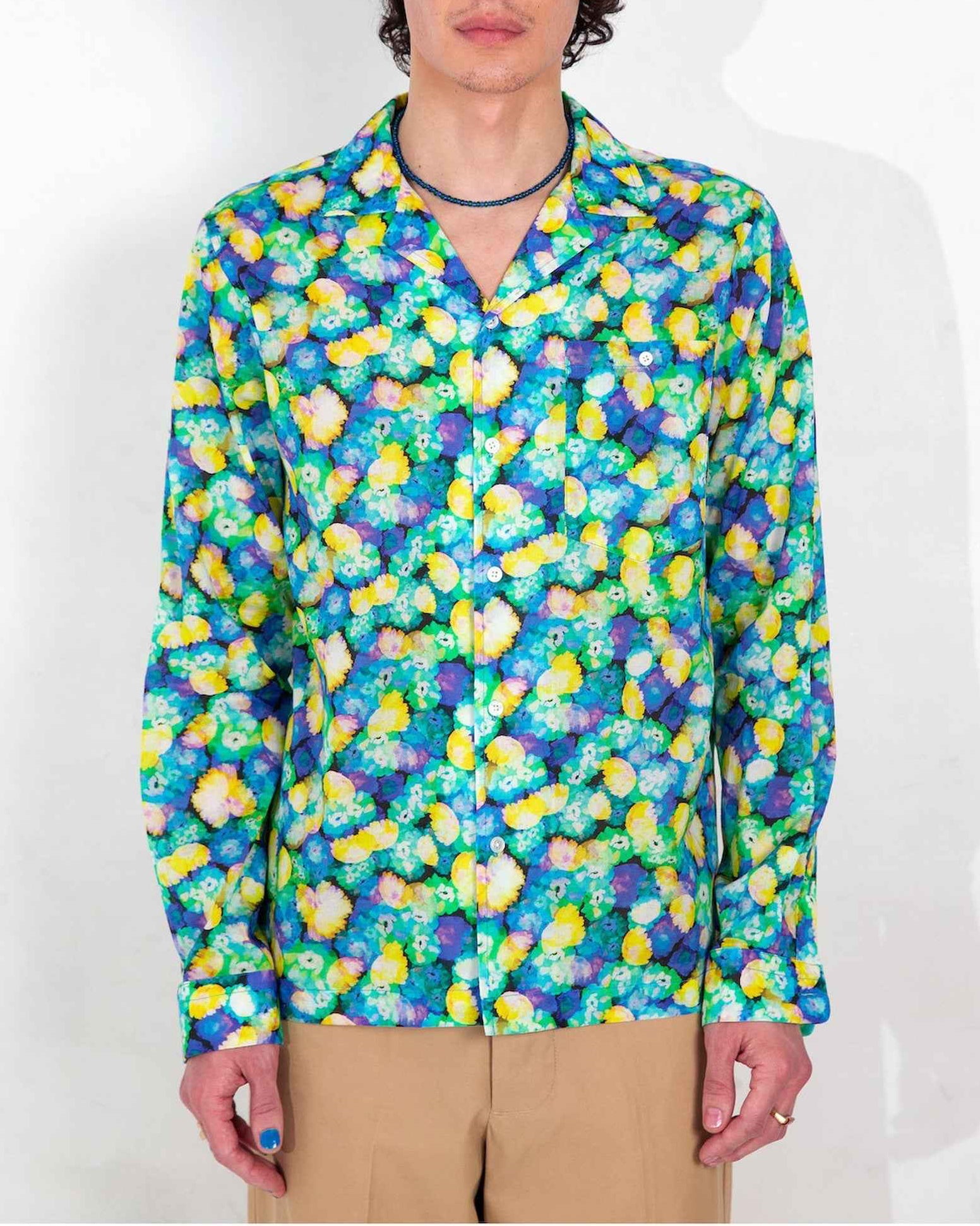 Arenas camp collar shirt in blue floral dream print, relaxed fit, shown on model in three-quarter view.