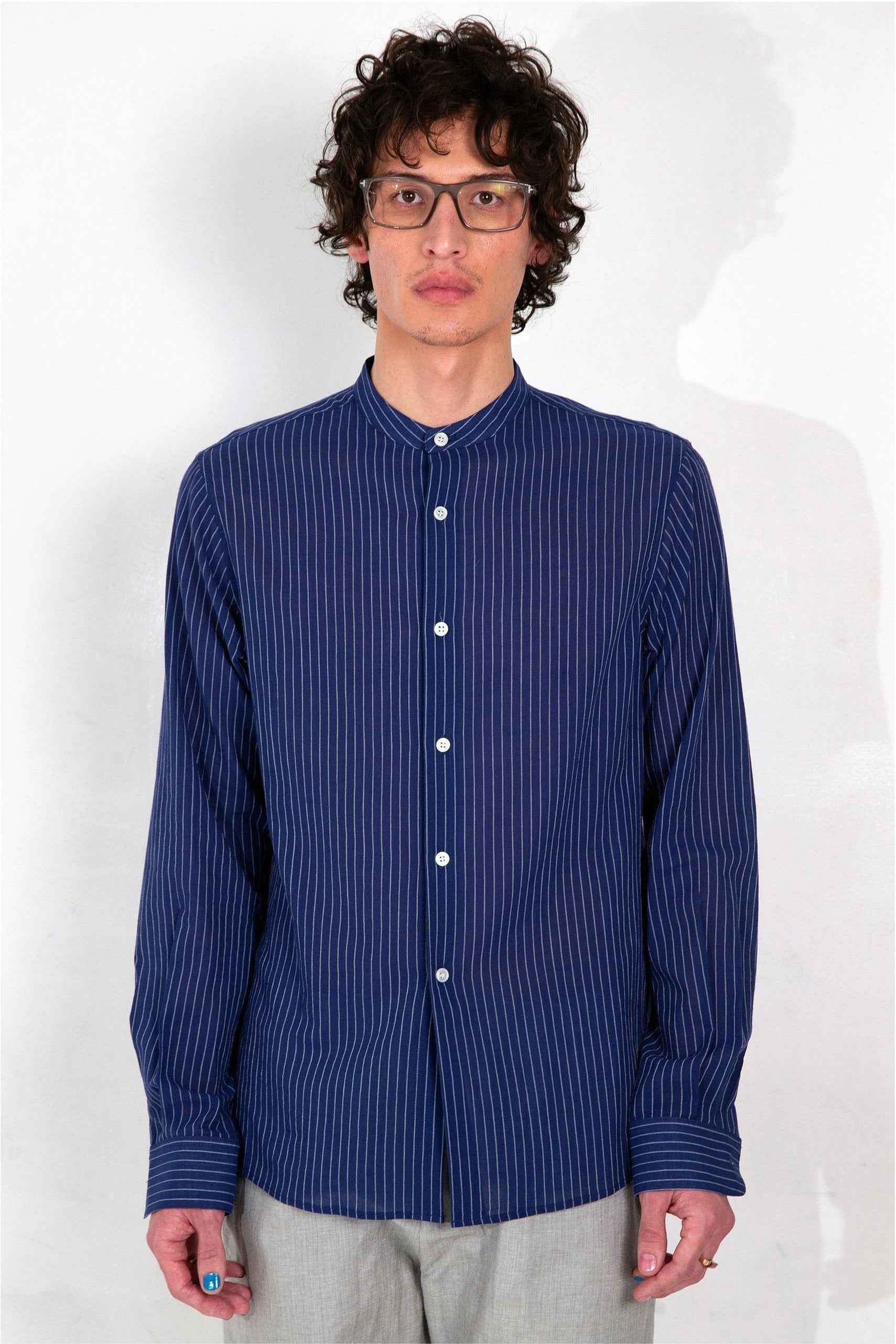 'Liam' Band Collar Blue / White Stripe Long Sleeve Shirt