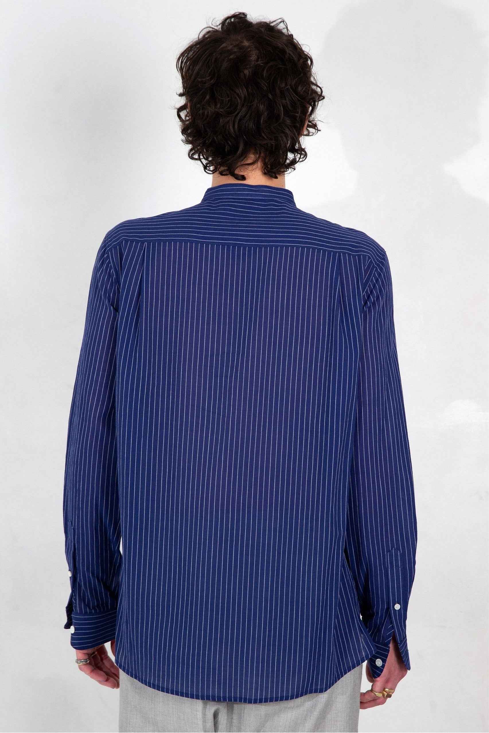 'Liam' Band Collar Blue / White Stripe Long Sleeve Shirt
