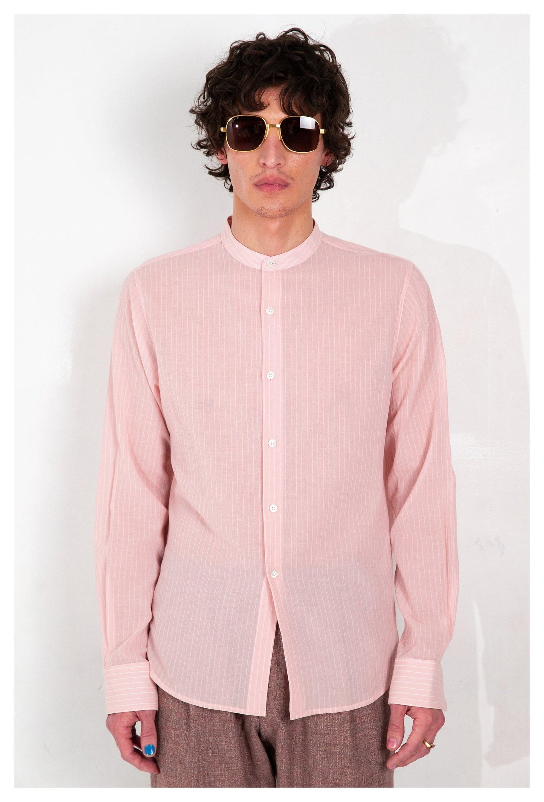 'Liam' Band Collar Blush / White Stripe Long Sleeve Shirt