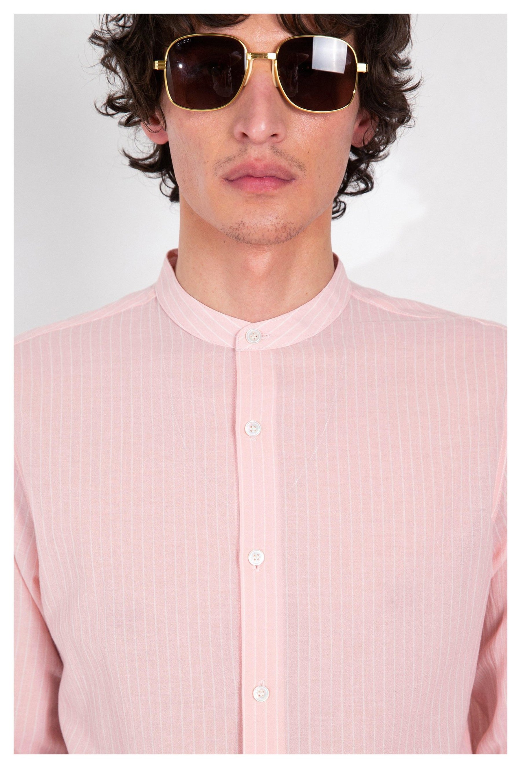 'Liam' Band Collar Blush / White Stripe Long Sleeve Shirt